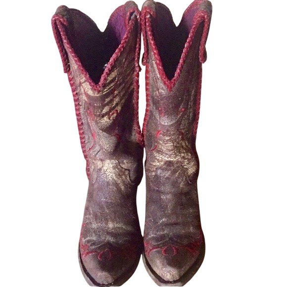 Lucchese Shoes - Lucchese 1883 Womens Brown‎ Gold Distressed Leather Charlie Horse Boots Red Trim